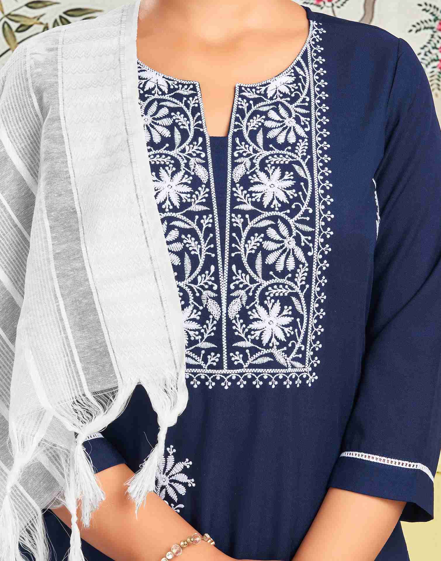 Navy Blue Rayon Embroidery Straight Kurta Set With Dupatta