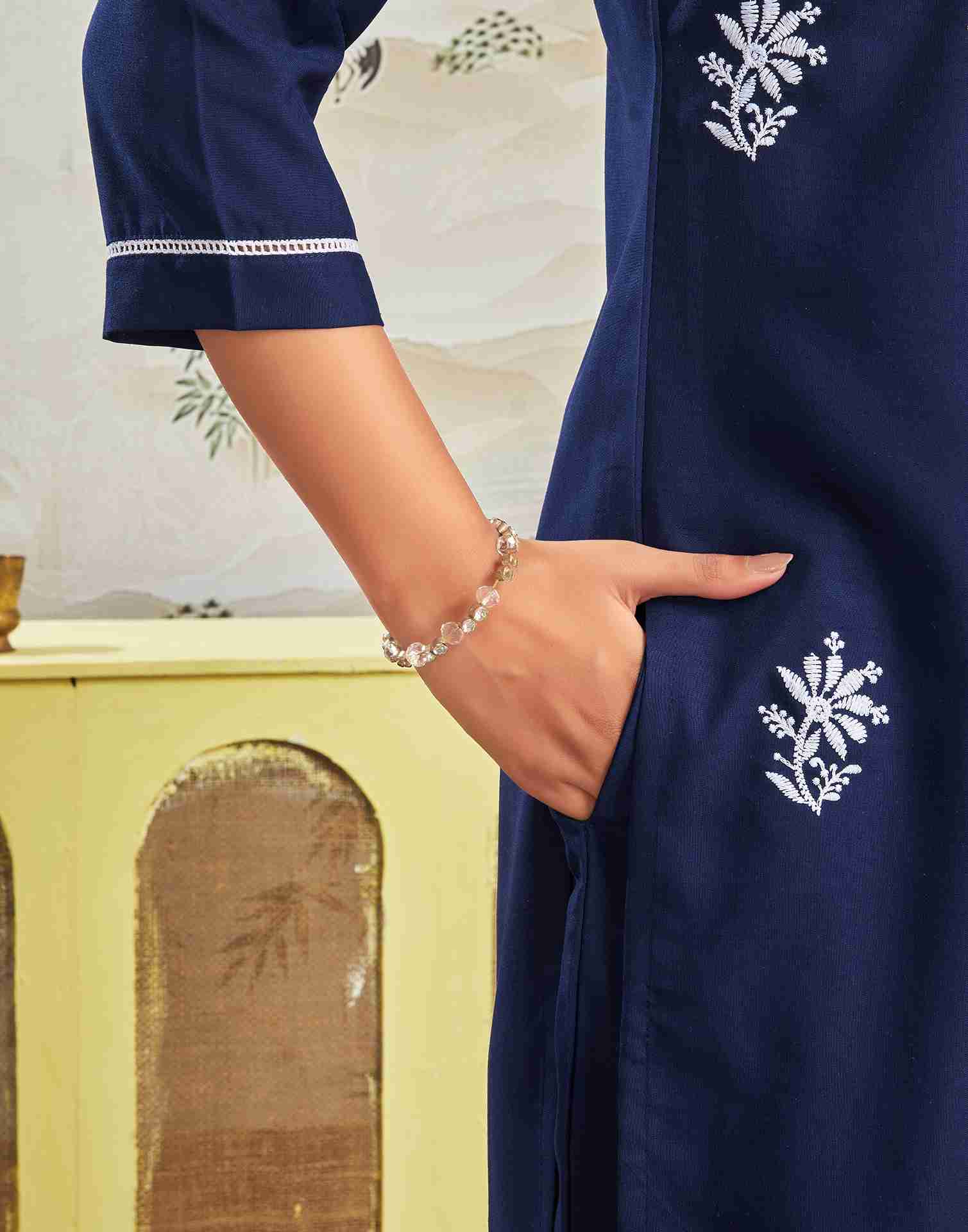 Navy Blue Rayon Embroidery Straight Kurta Set With Dupatta