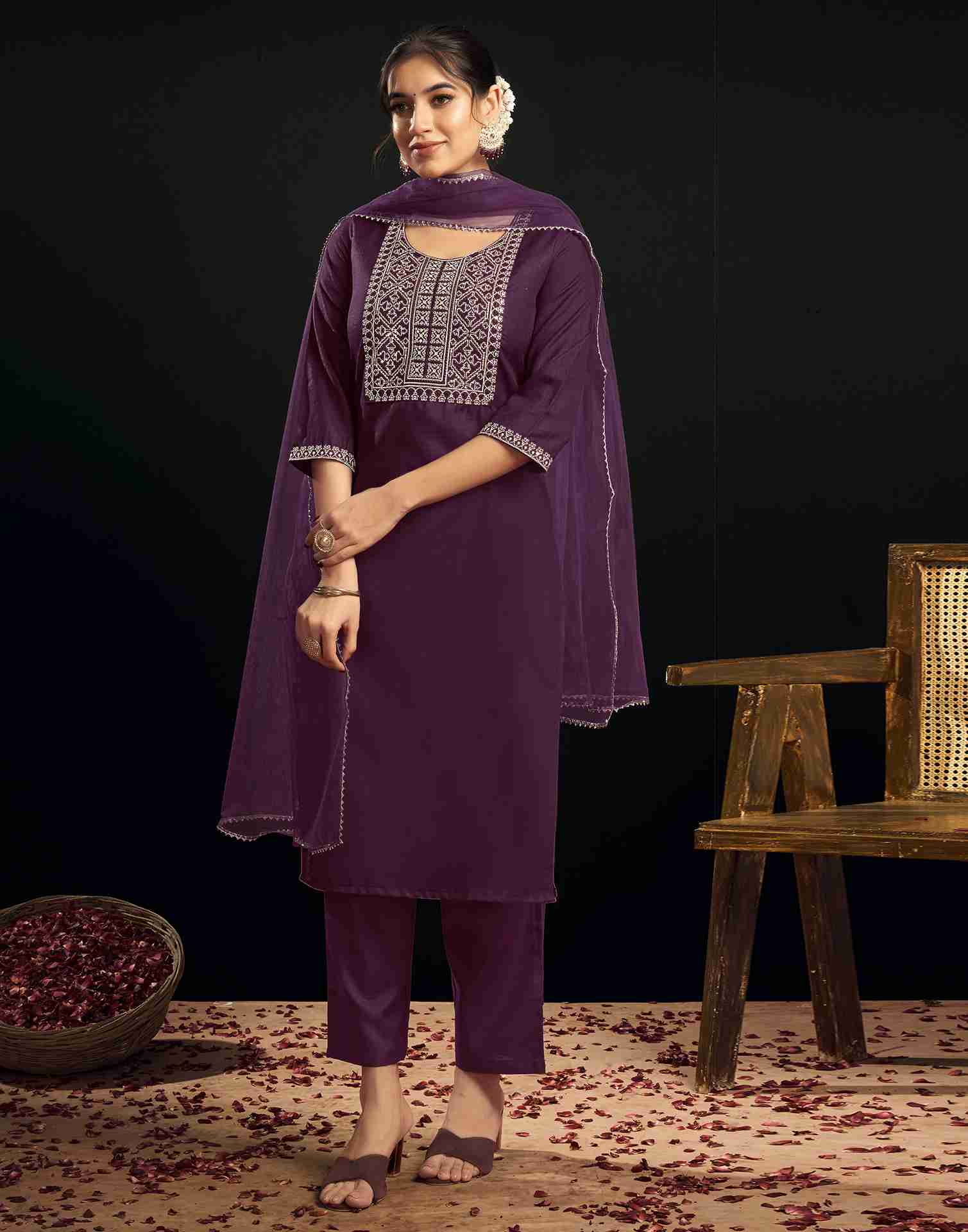 Wine Cotton Embroidery Straight Kurta Set With Dupatta