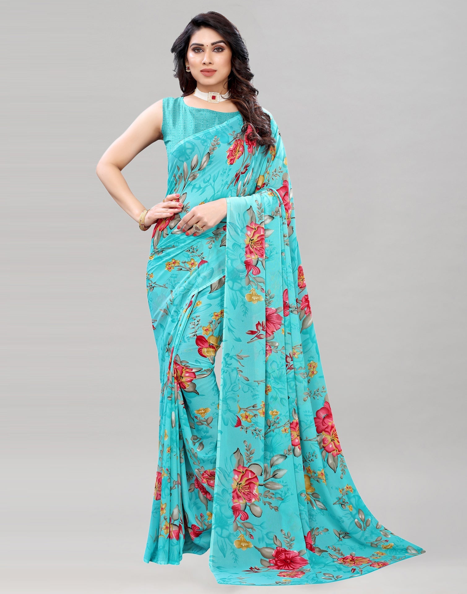 Aqua Blue Printed Saree | Sudathi
