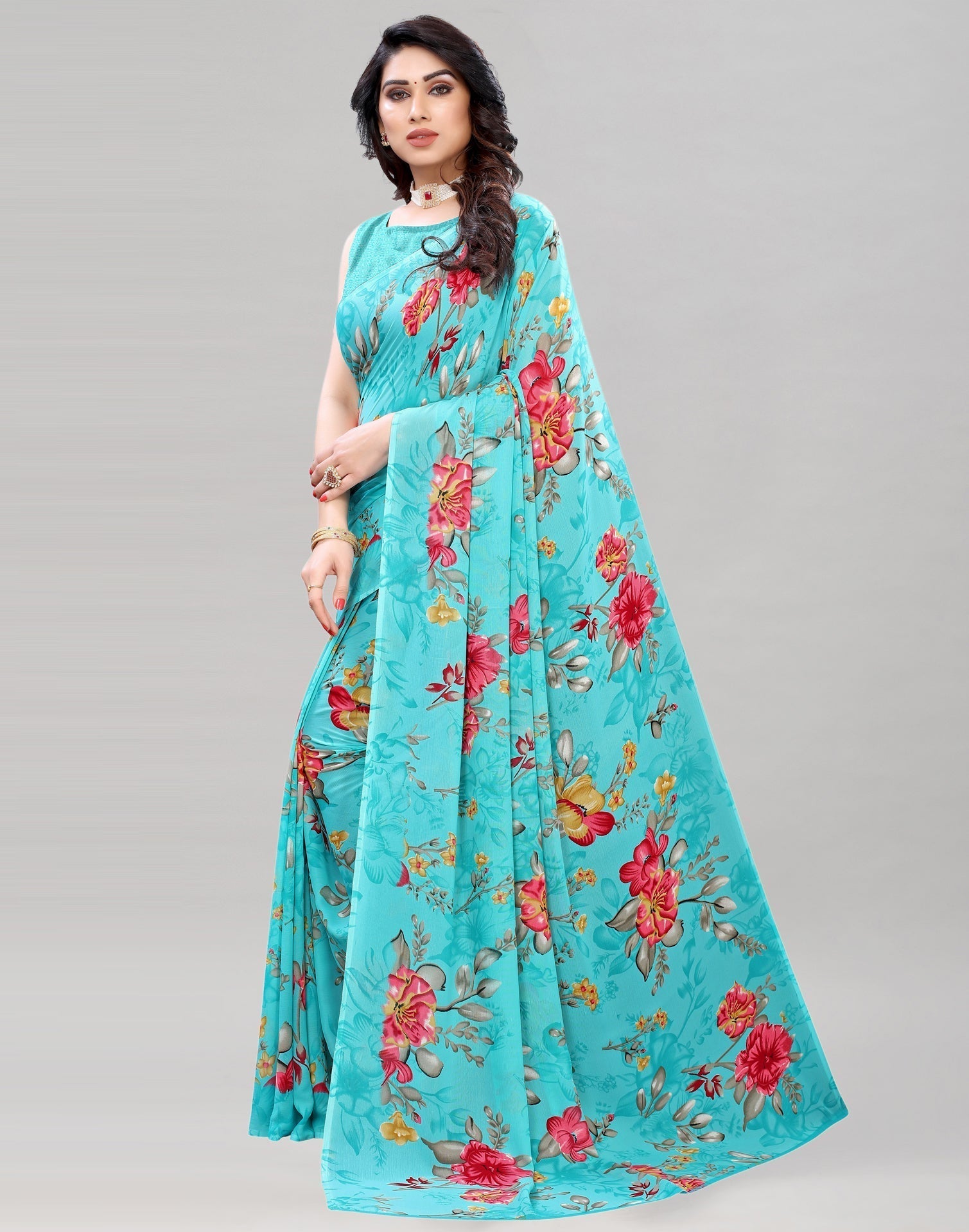 Aqua Blue Printed Saree | Sudathi