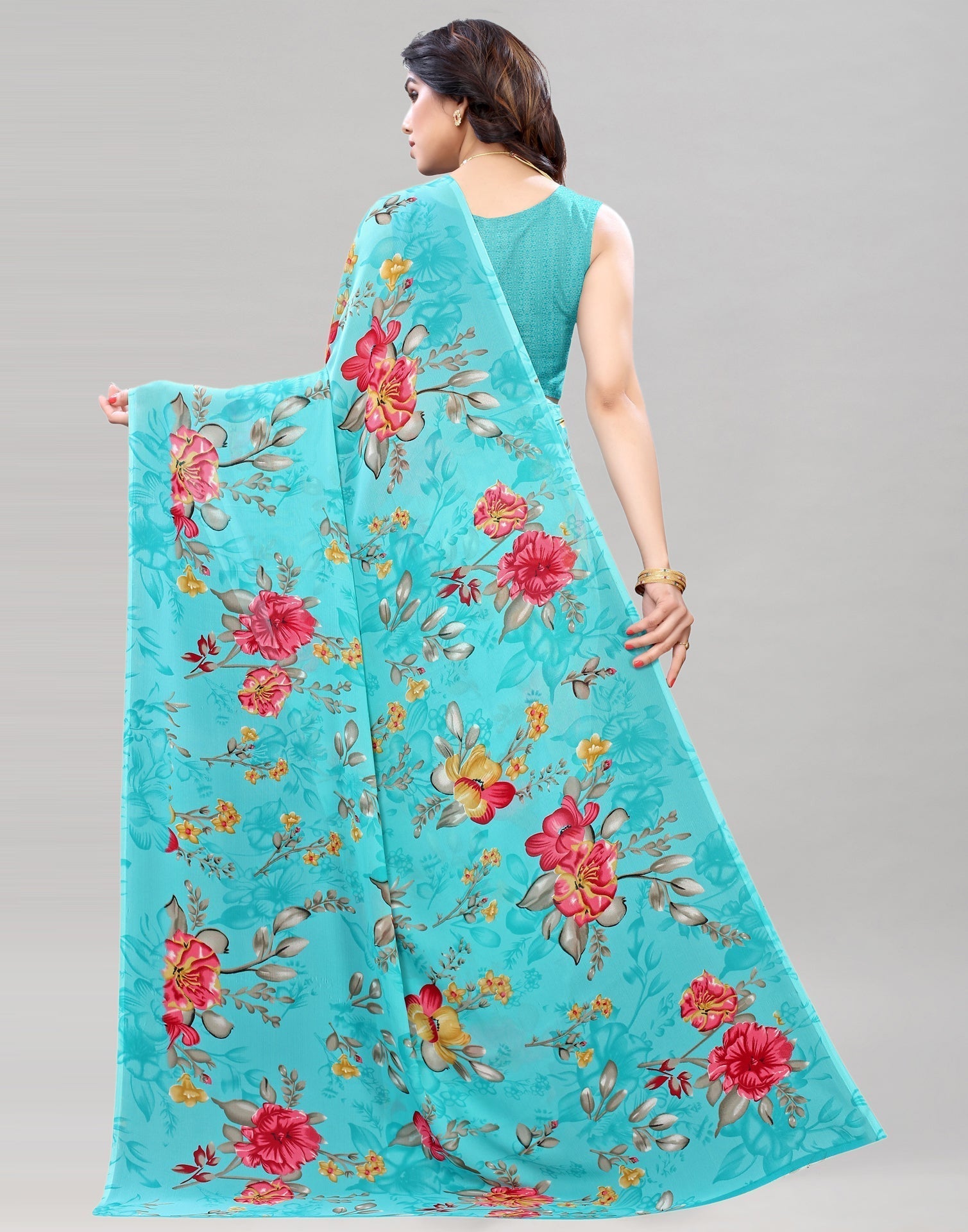 Aqua Blue Printed Saree | Sudathi