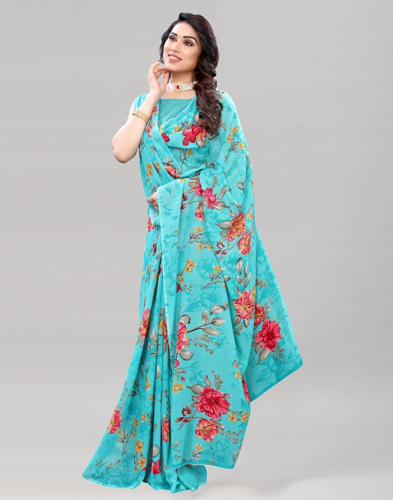 Aqua Blue Printed Saree | Sudathi