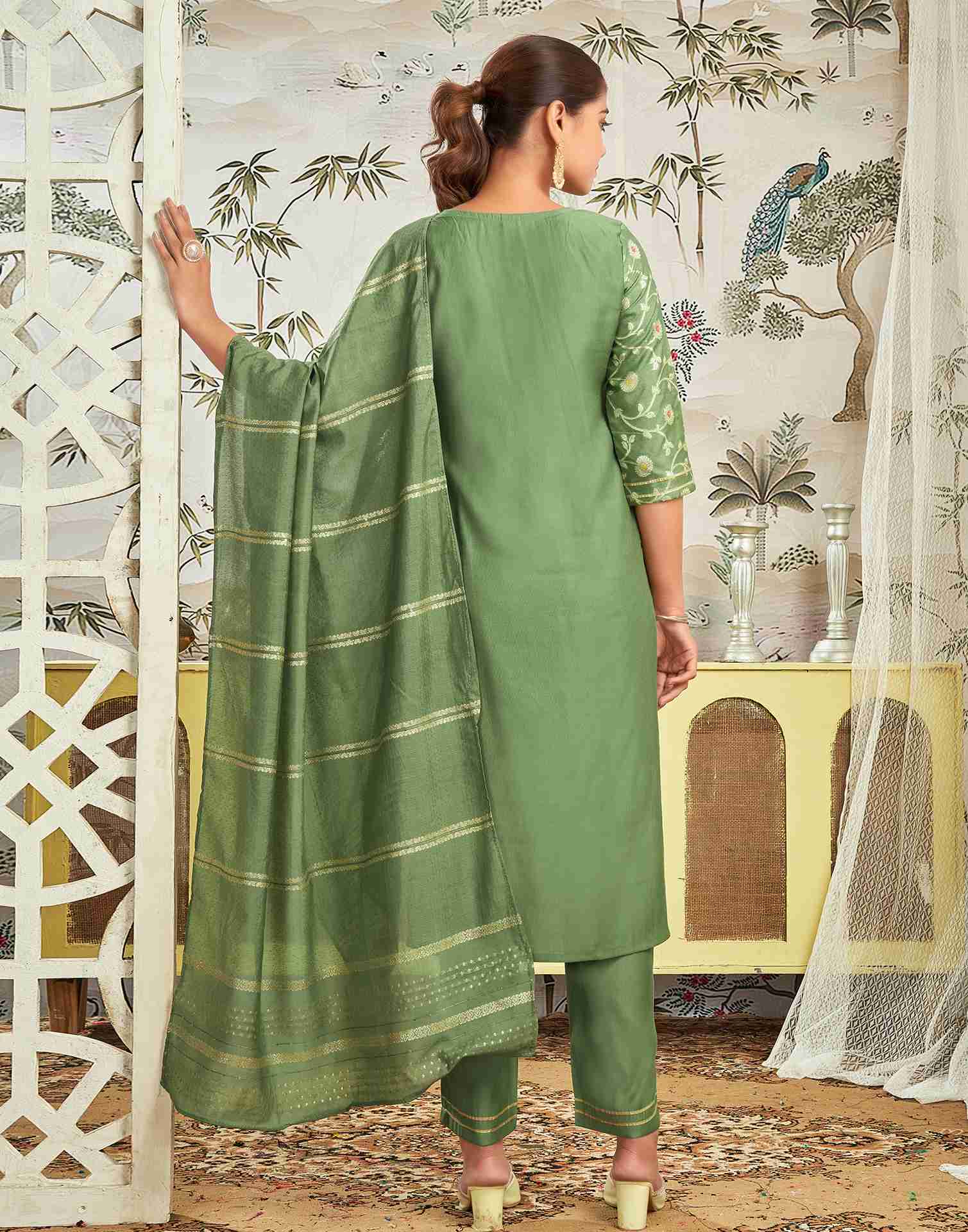 Pista Green Silk Embroidery Straight Kurta Set With Dupatta