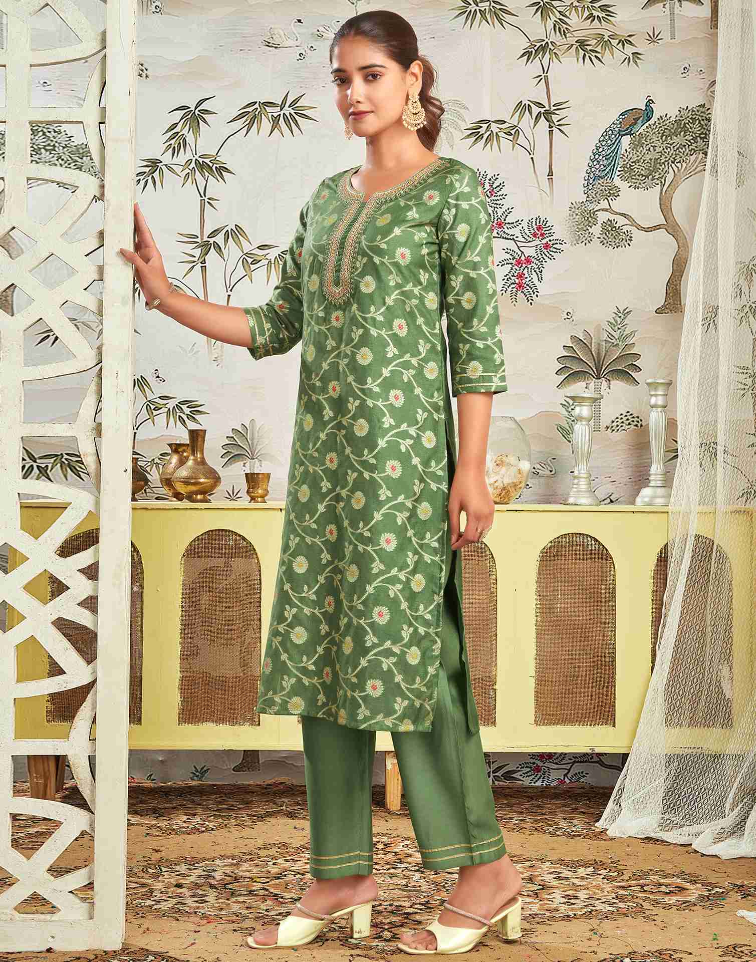 Pista Green Silk Embroidery Straight Kurta Set With Dupatta