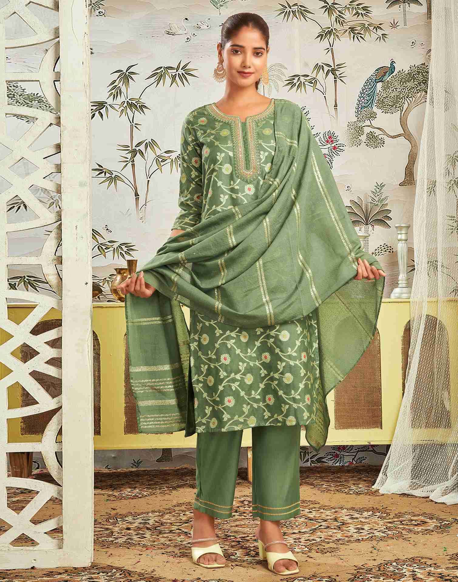 Pista Green Silk Embroidery Straight Kurta Set With Dupatta