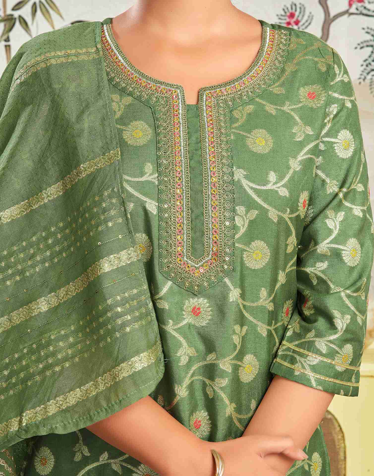 Pista Green Silk Embroidery Straight Kurta Set With Dupatta
