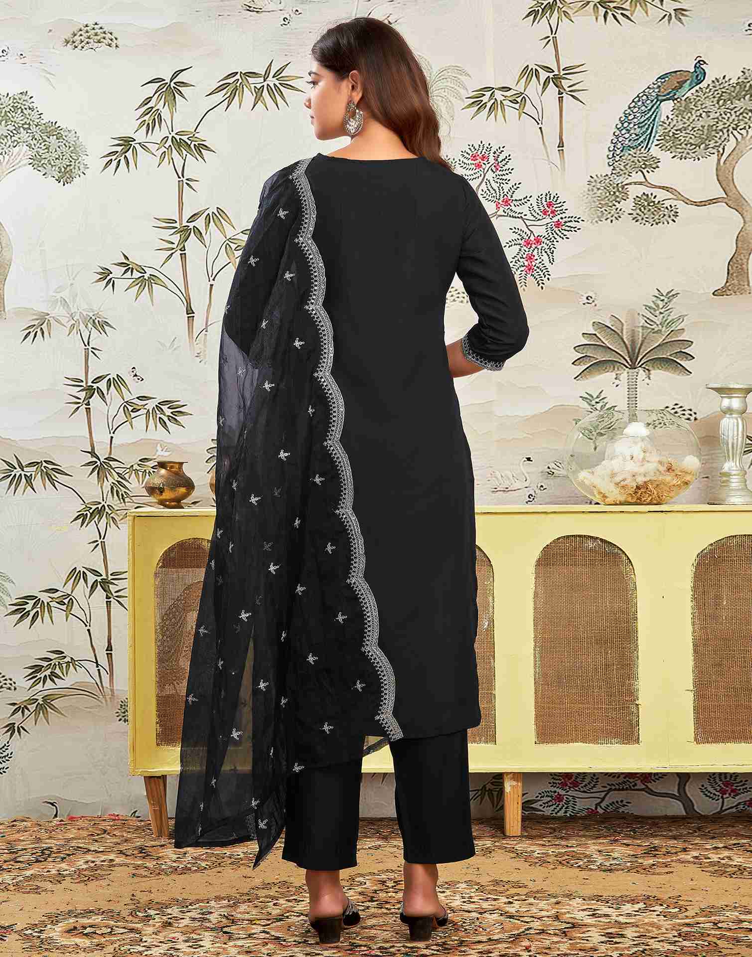 Black Rayon Embroidery Straight Kurta With Pant And Dupatta