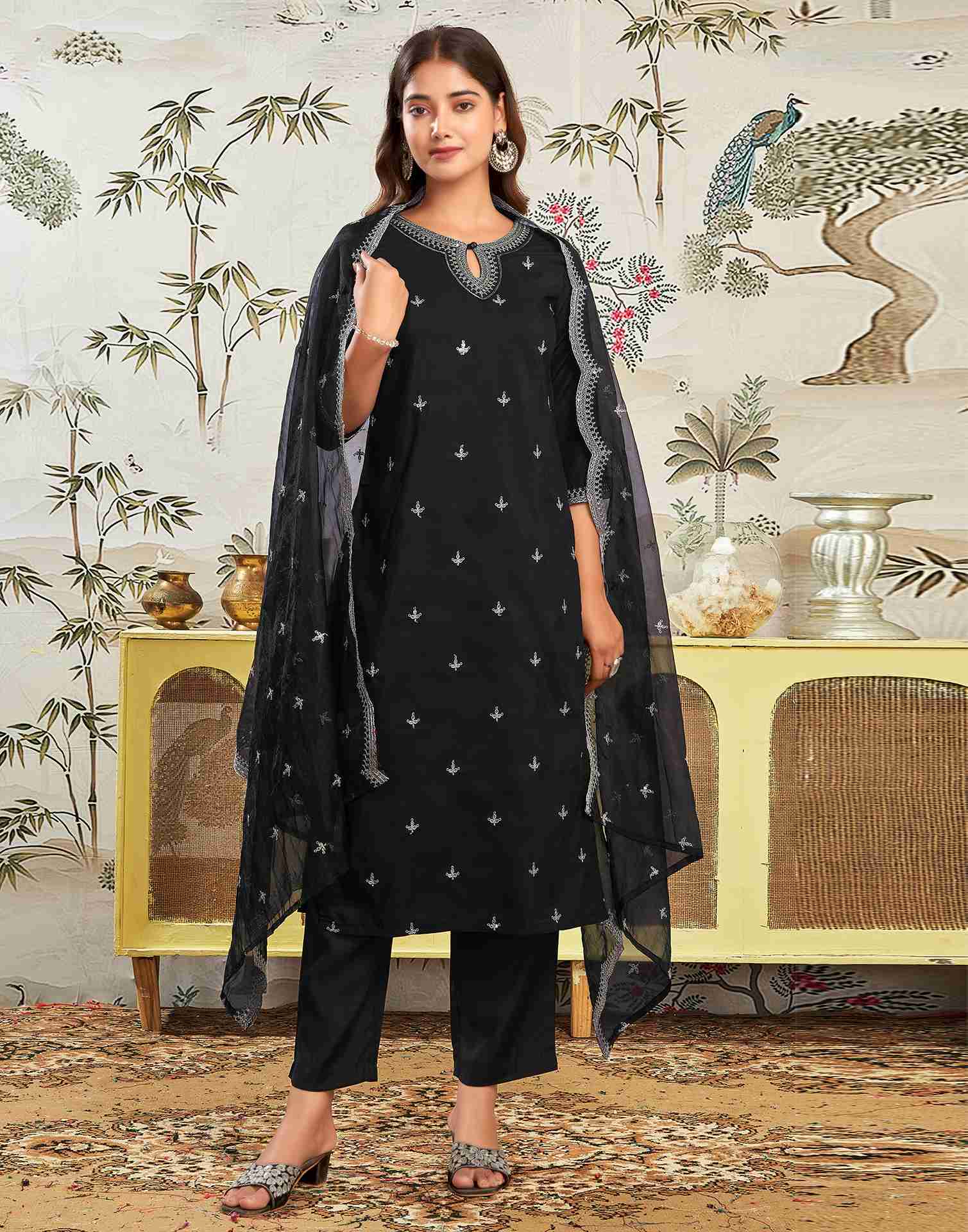 Black Rayon Embroidery Straight Kurta With Pant And Dupatta