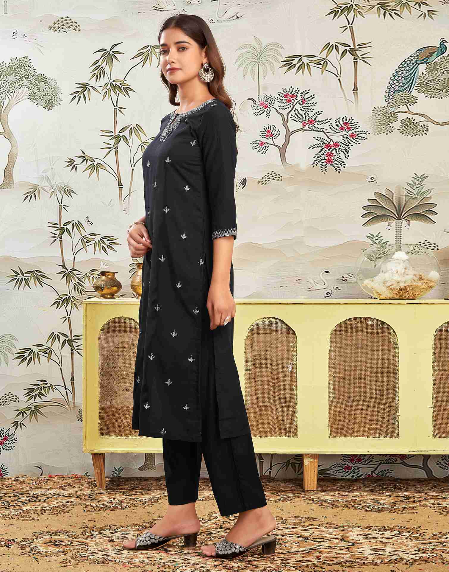 Black Rayon Embroidery Straight Kurta With Pant And Dupatta