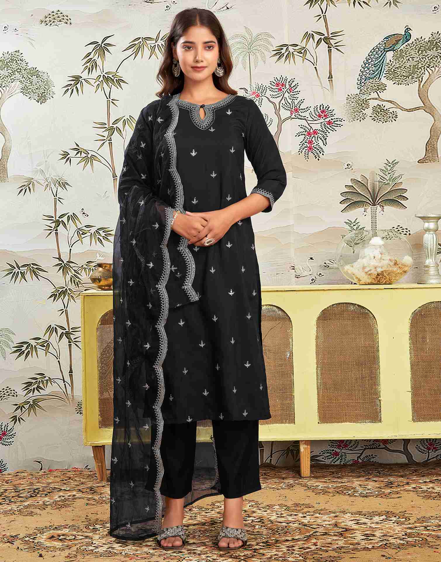 Black Rayon Embroidery Straight Kurta With Pant And Dupatta