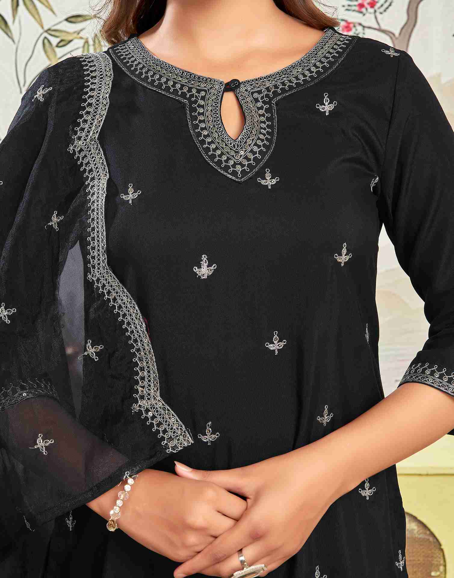 Black Rayon Embroidery Straight Kurta With Pant And Dupatta