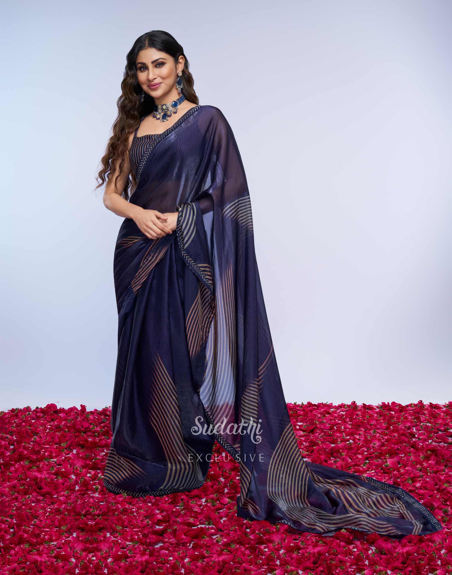 Mouni Roy Midnight Blue Gold Swarovski Saree
