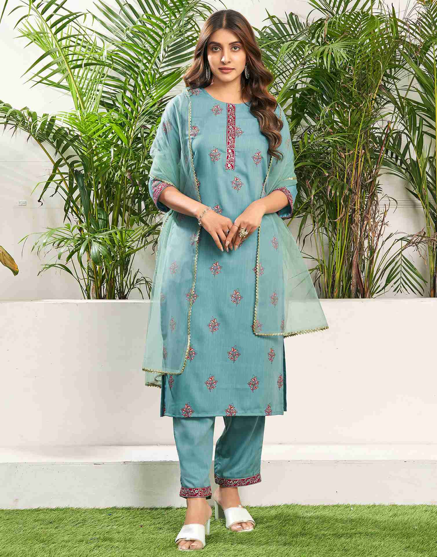 Blue Cotton Printed Straight Kurta Set With Dupatta