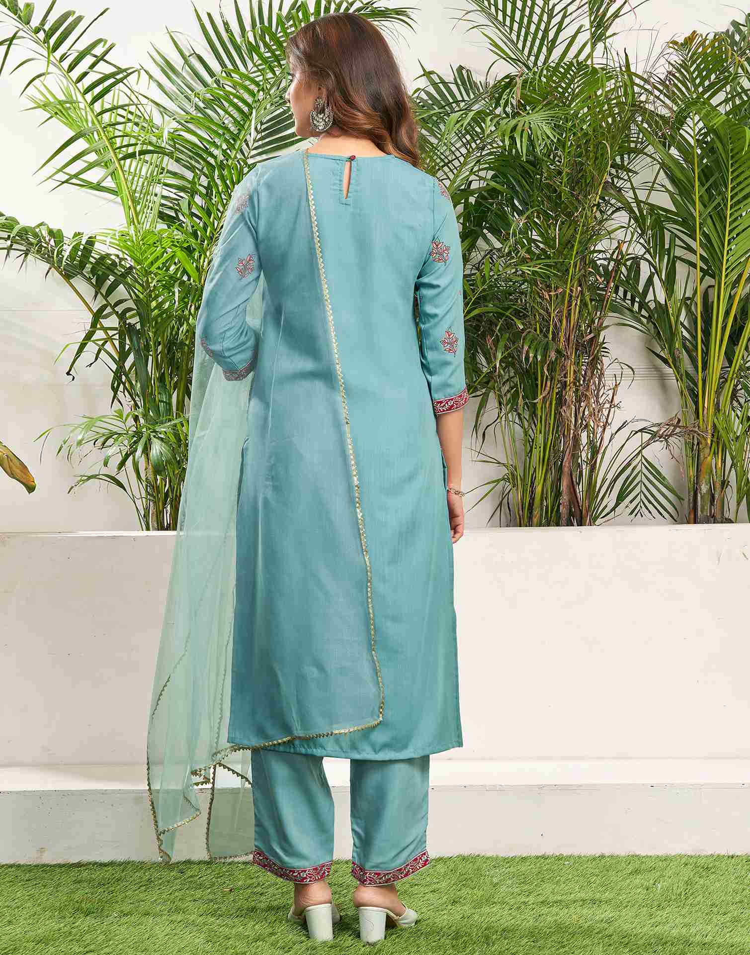 Blue Cotton Printed Straight Kurta Set With Dupatta