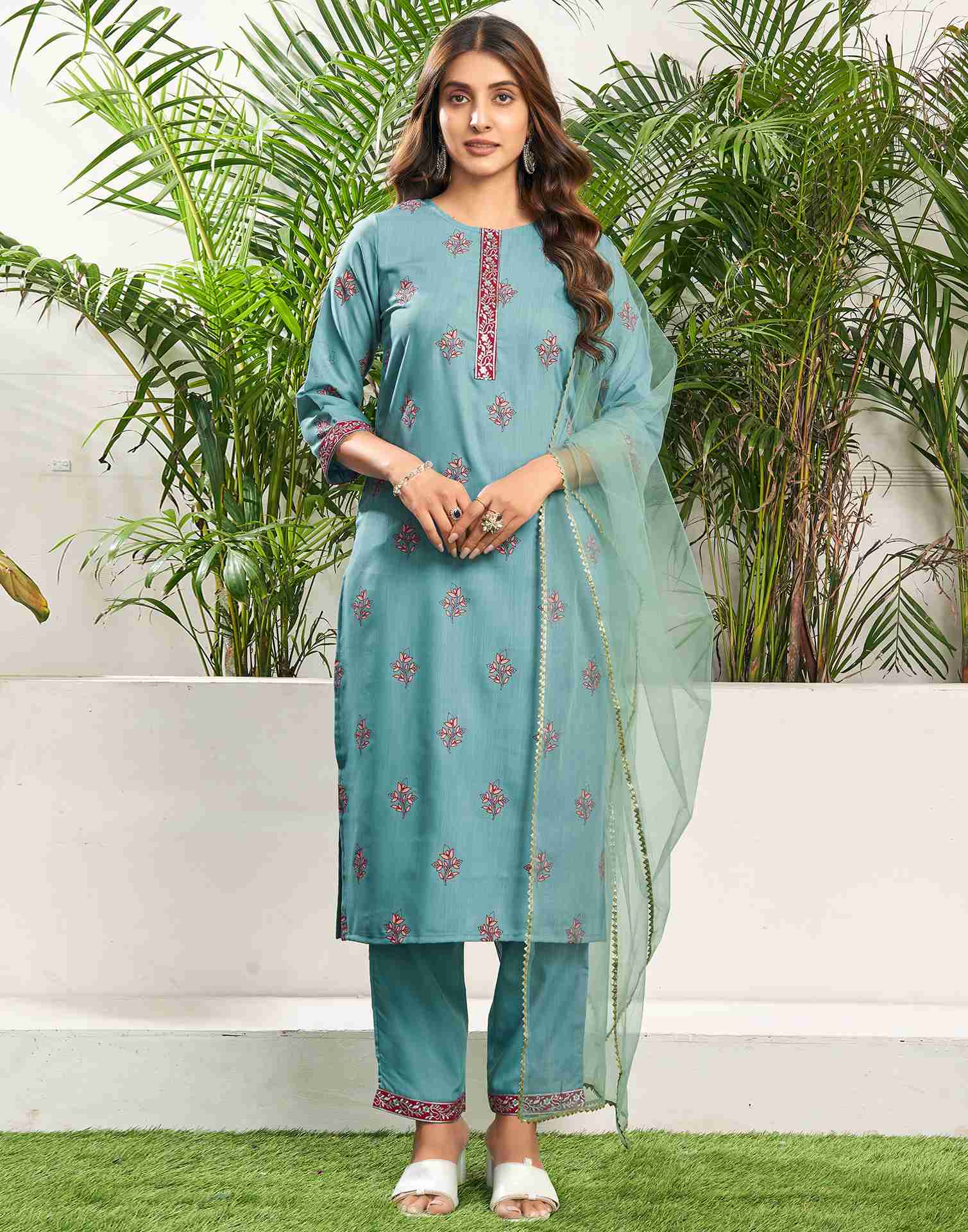 Blue Cotton Printed Straight Kurta Set With Dupatta