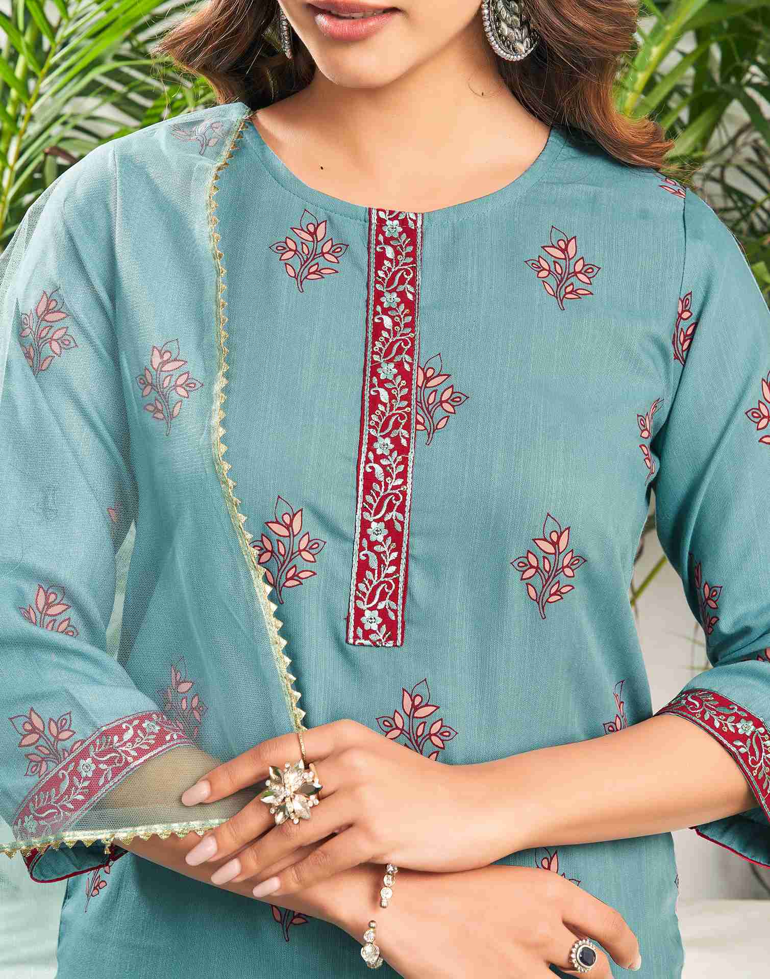 Blue Cotton Printed Straight Kurta Set With Dupatta