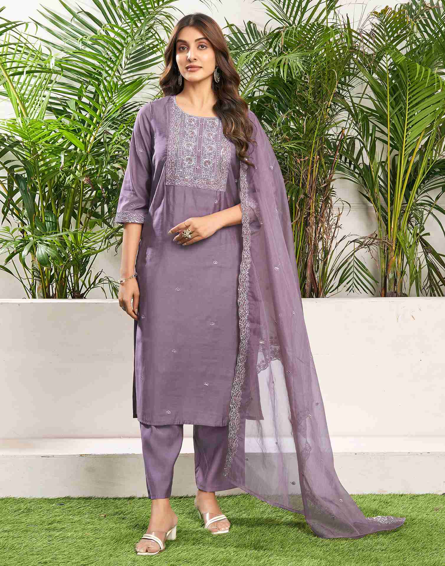 Dusty Purple Silk Embroidery Straight Kurta Set With Dupatta