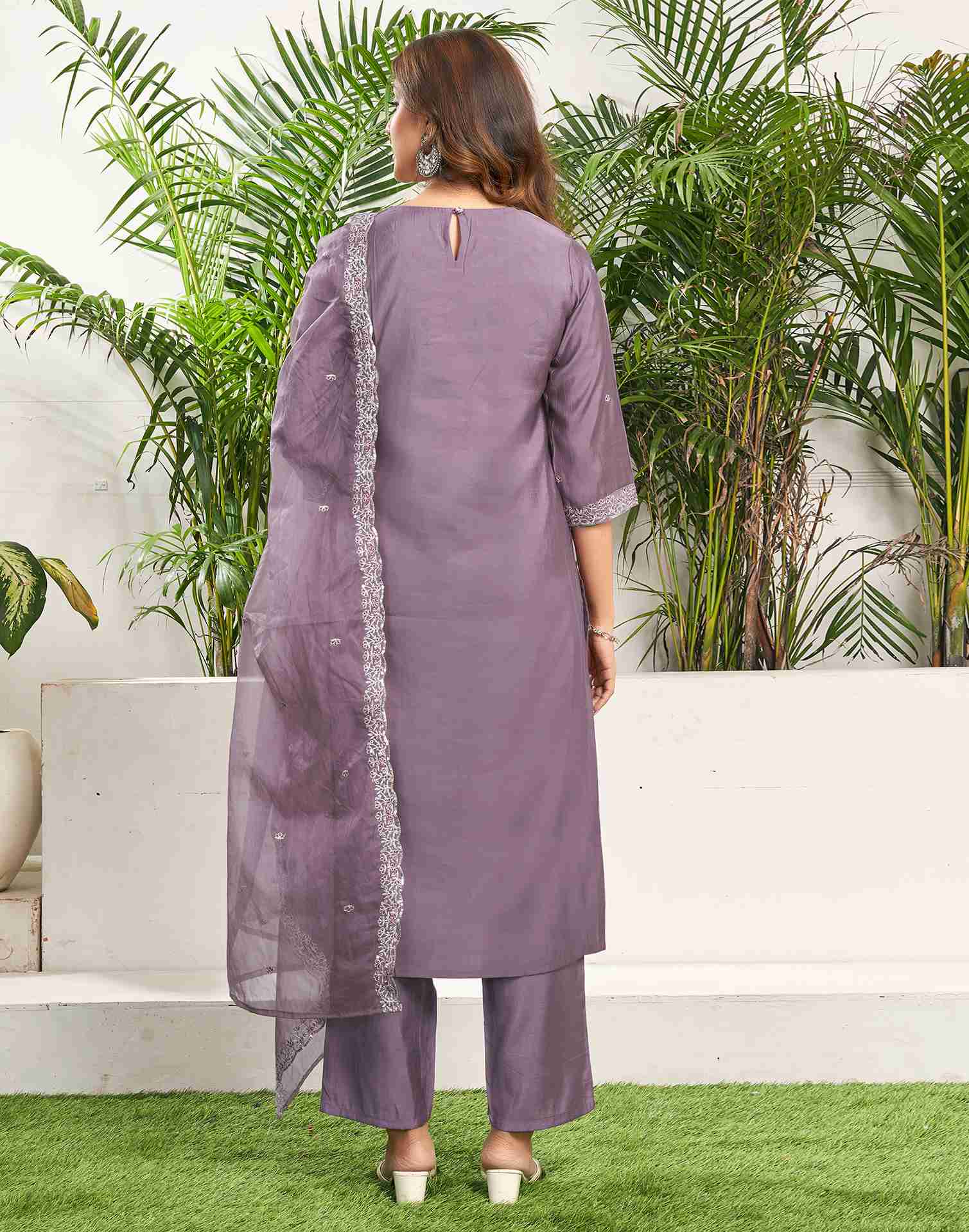 Dusty Purple Silk Embroidery Straight Kurta Set With Dupatta
