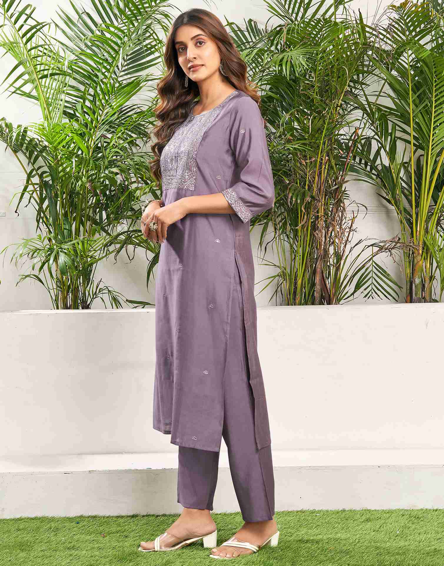 Dusty Purple Silk Embroidery Straight Kurta Set With Dupatta