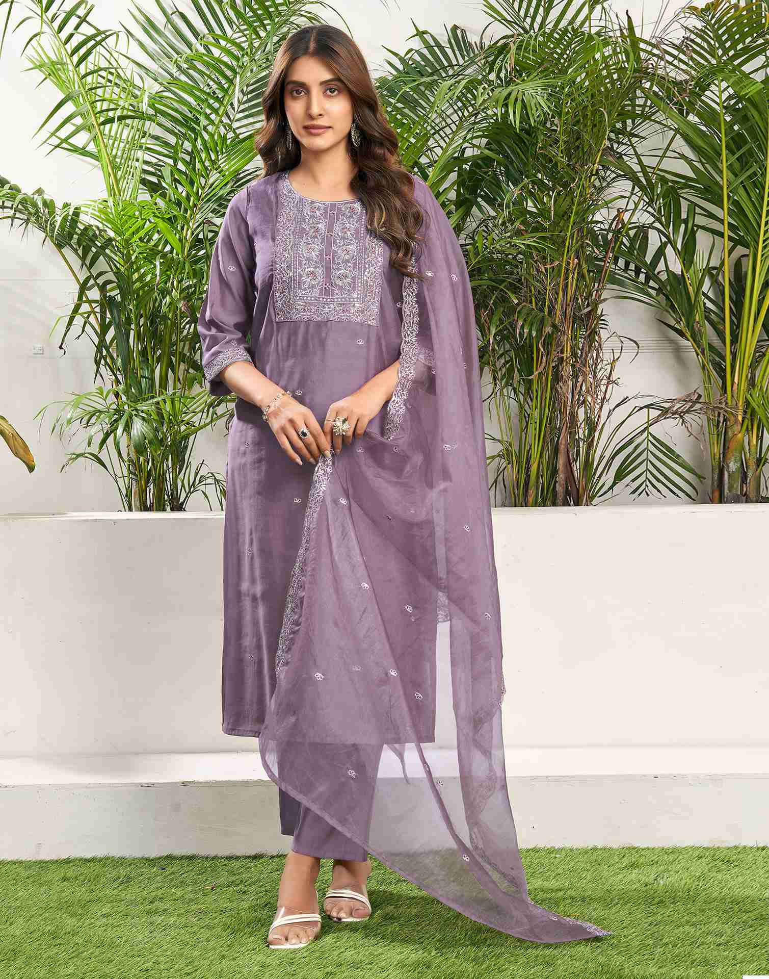 Dusty Purple Silk Embroidery Straight Kurta Set With Dupatta