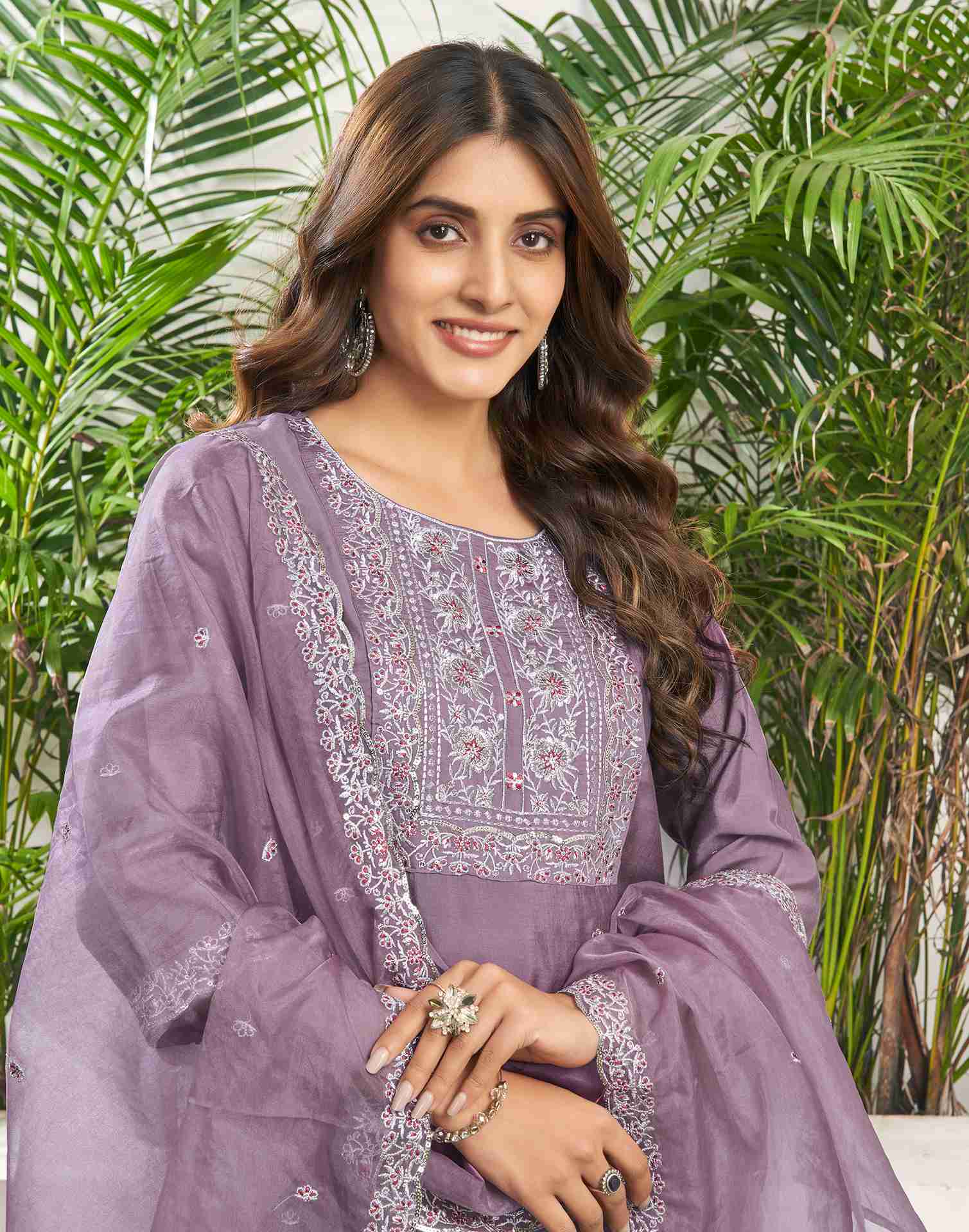 Dusty Purple Silk Embroidery Straight Kurta Set With Dupatta