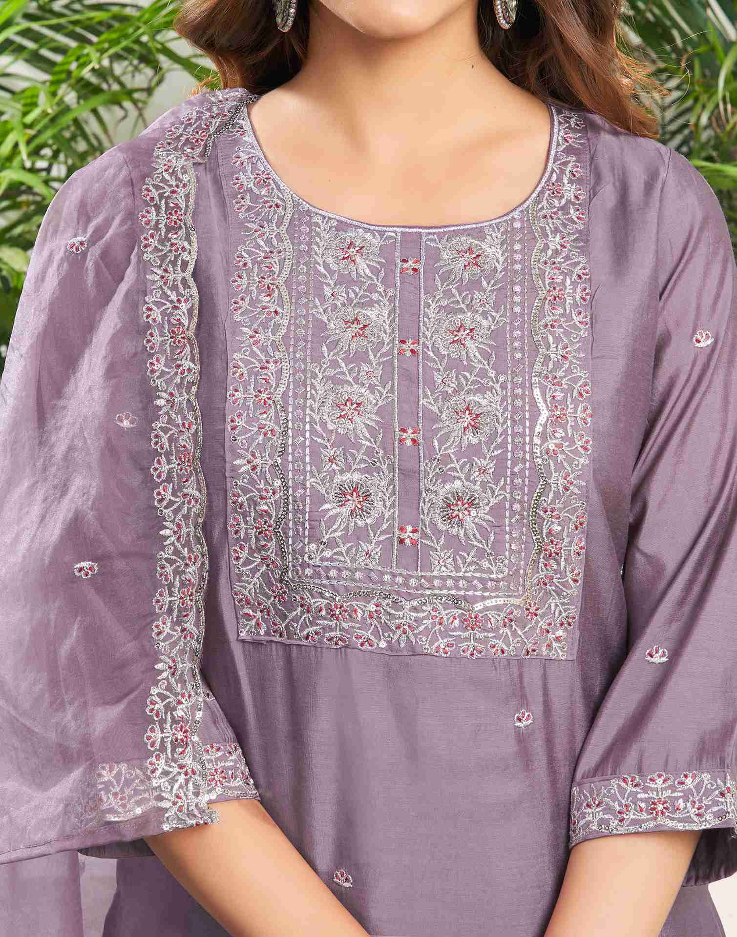 Dusty Purple Silk Embroidery Straight Kurta Set With Dupatta