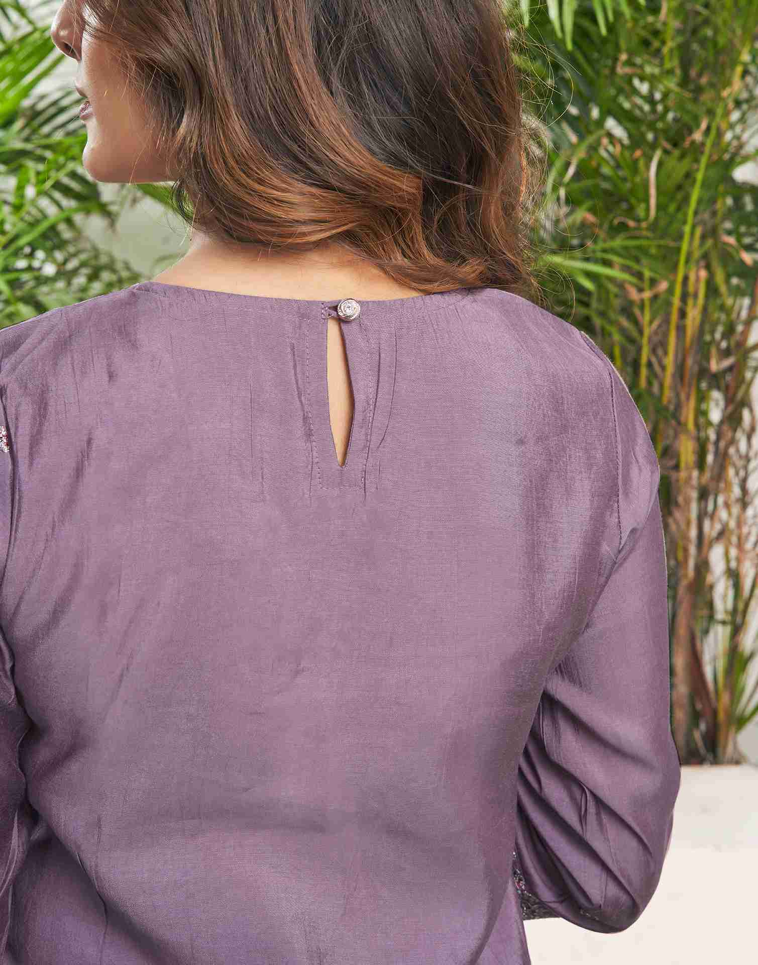 Dusty Purple Silk Embroidery Straight Kurta Set With Dupatta