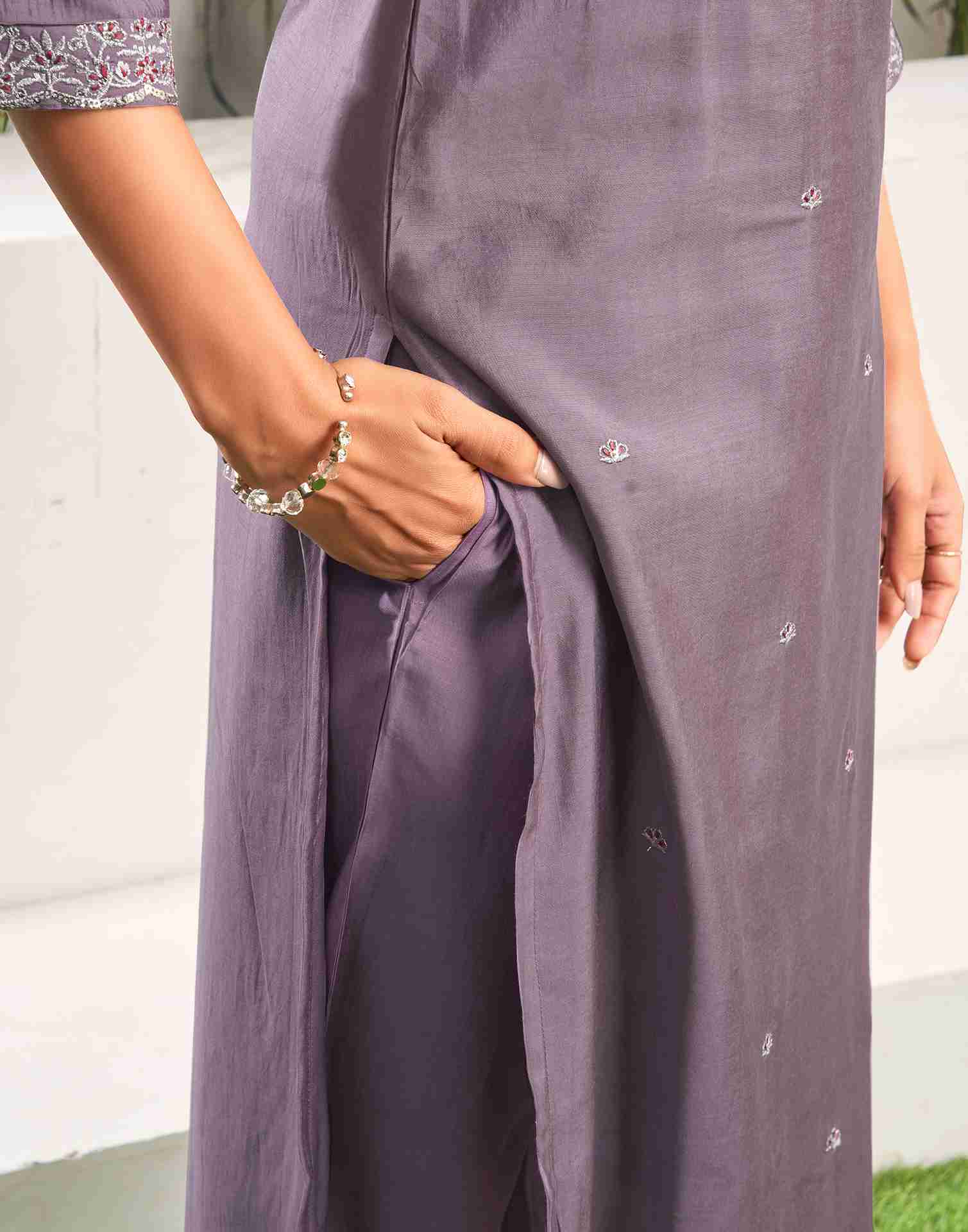 Dusty Purple Silk Embroidery Straight Kurta Set With Dupatta