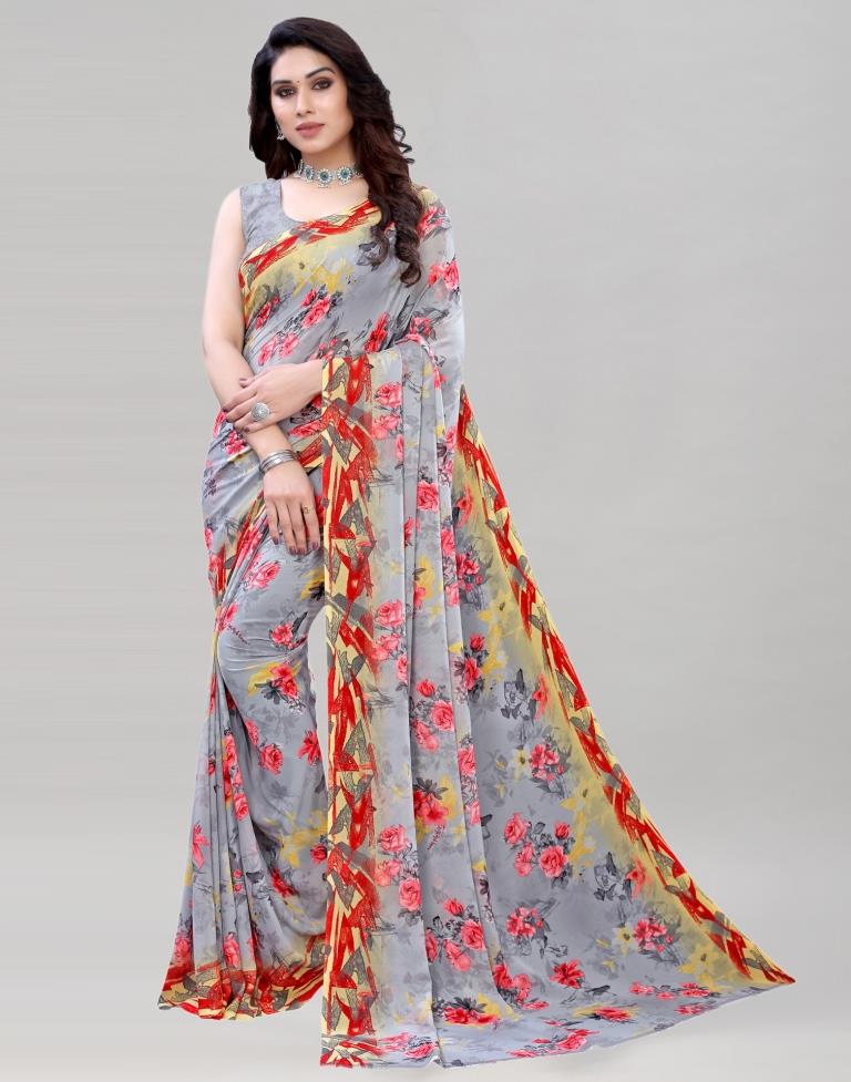 Grey Coloured Georgette Floral Printed Casual saree | Sudathi