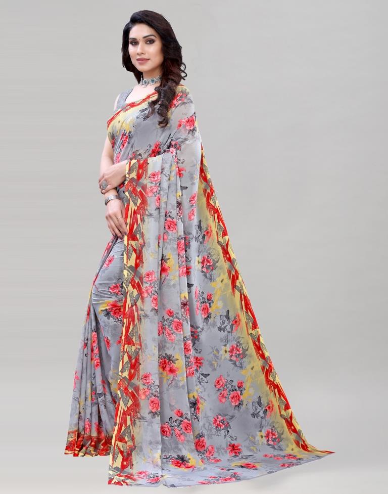 Grey Coloured Georgette Floral Printed Casual saree | Sudathi