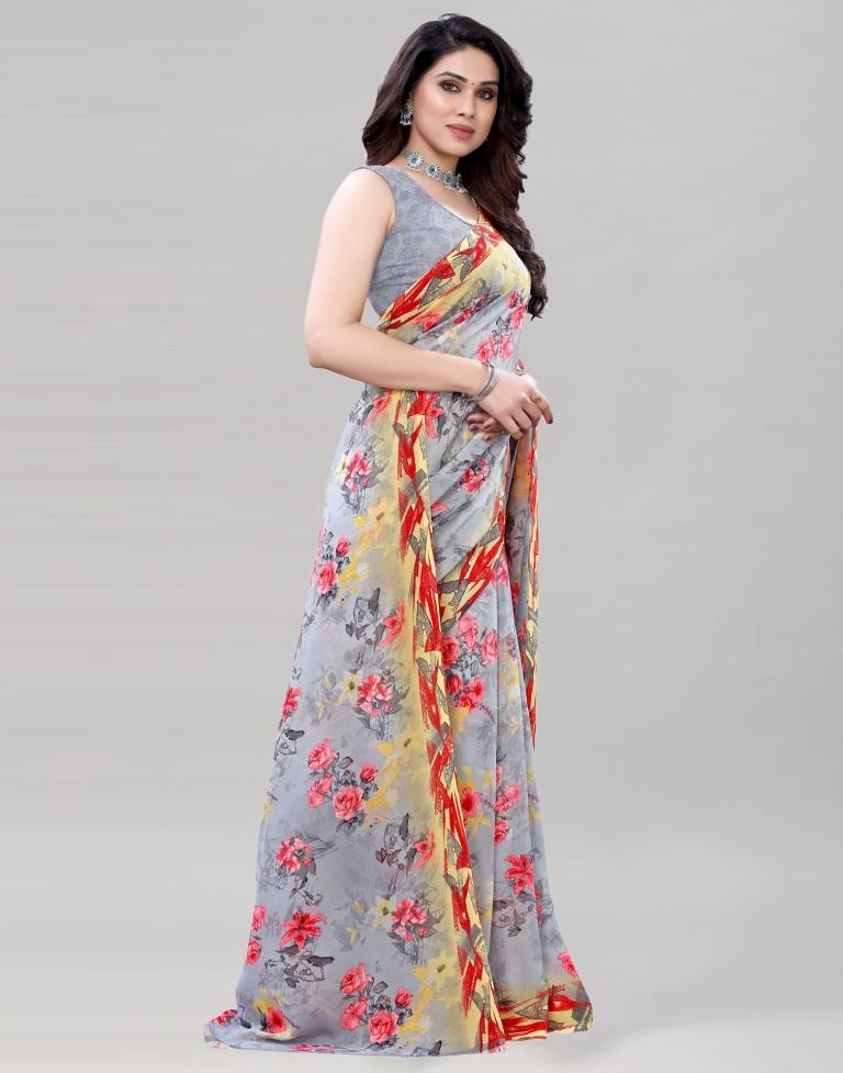 Grey Coloured Georgette Floral Printed Casual saree | Sudathi