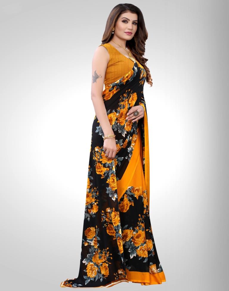 Black And Mustard Yellow Coloured Georgette Floral Printed Saree | Sudathi