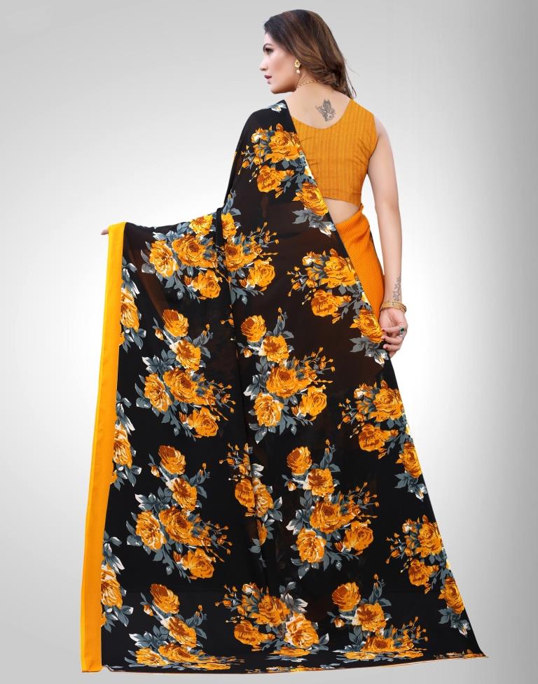 Black And Mustard Yellow Coloured Georgette Floral Printed Saree | Sudathi