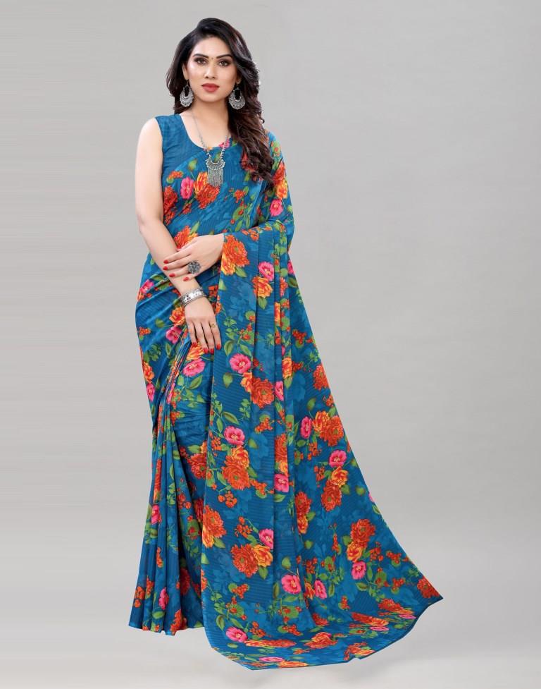 Fab Blue Printed Saree | Sudathi