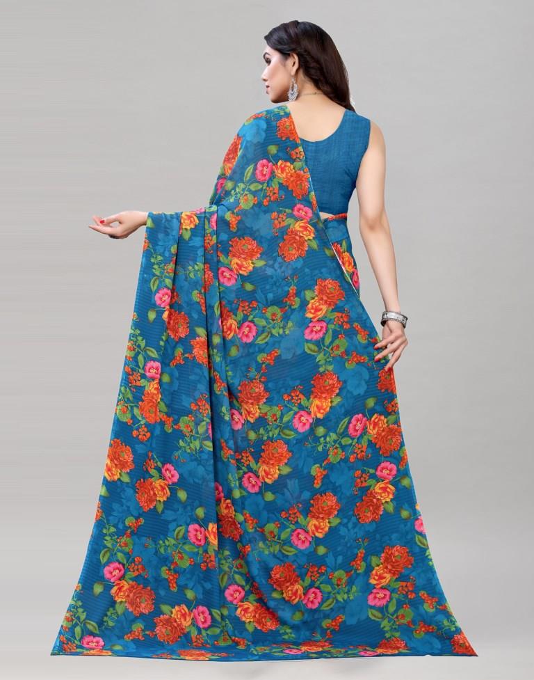 Fab Blue Printed Saree | Sudathi