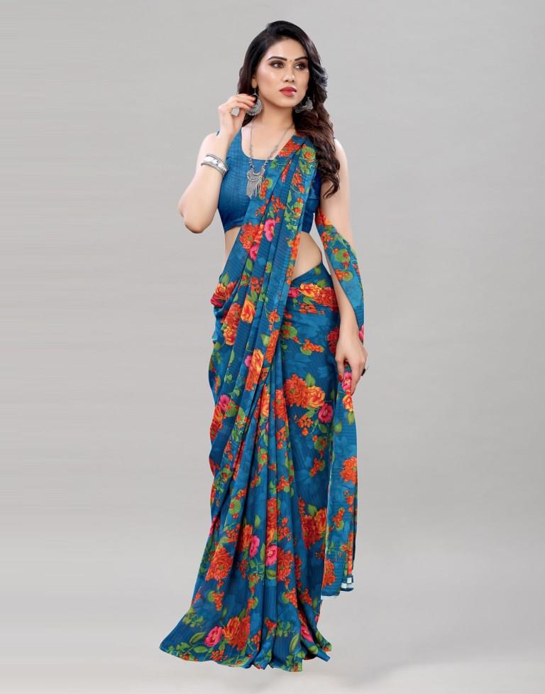 Fab Blue Printed Saree | Sudathi