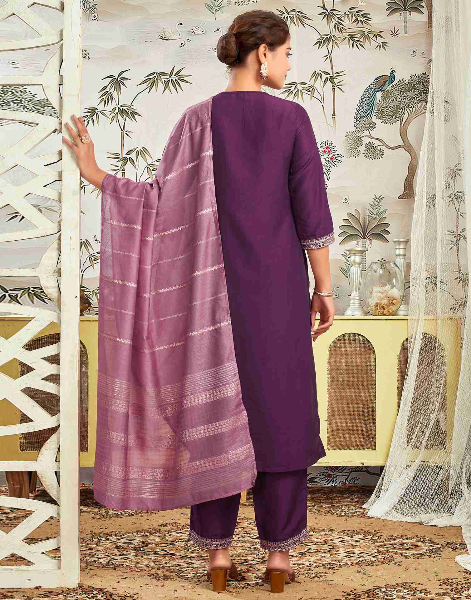 Deep Purple Chinnon Embroidery Straight Kurta Set With Dupatta