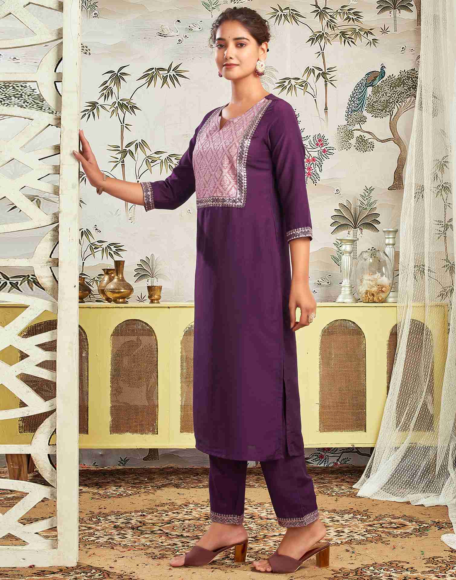 Deep Purple Chinnon Embroidery Straight Kurta Set With Dupatta
