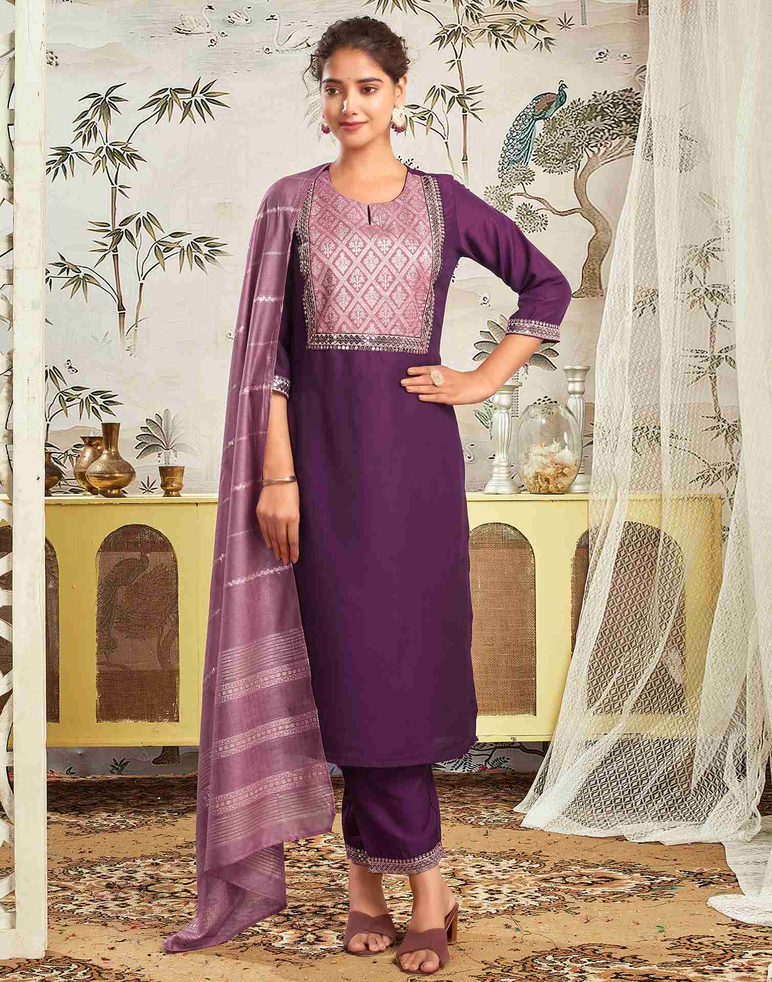Deep Purple Chinnon Embroidery Straight Kurta Set With Dupatta