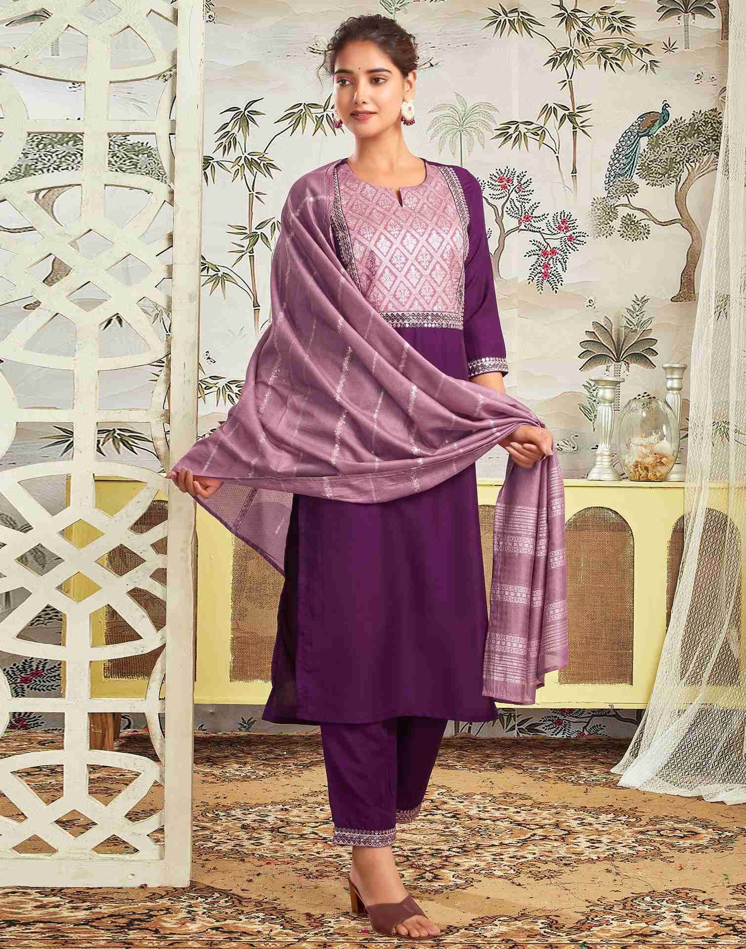 Deep Purple Chinnon Embroidery Straight Kurta Set With Dupatta
