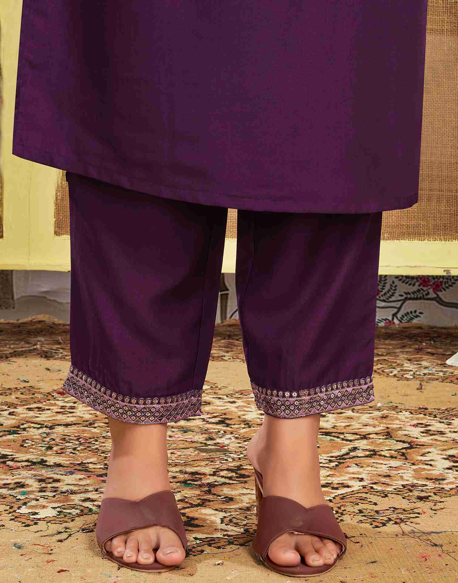 Deep Purple Chinnon Embroidery Straight Kurta Set With Dupatta