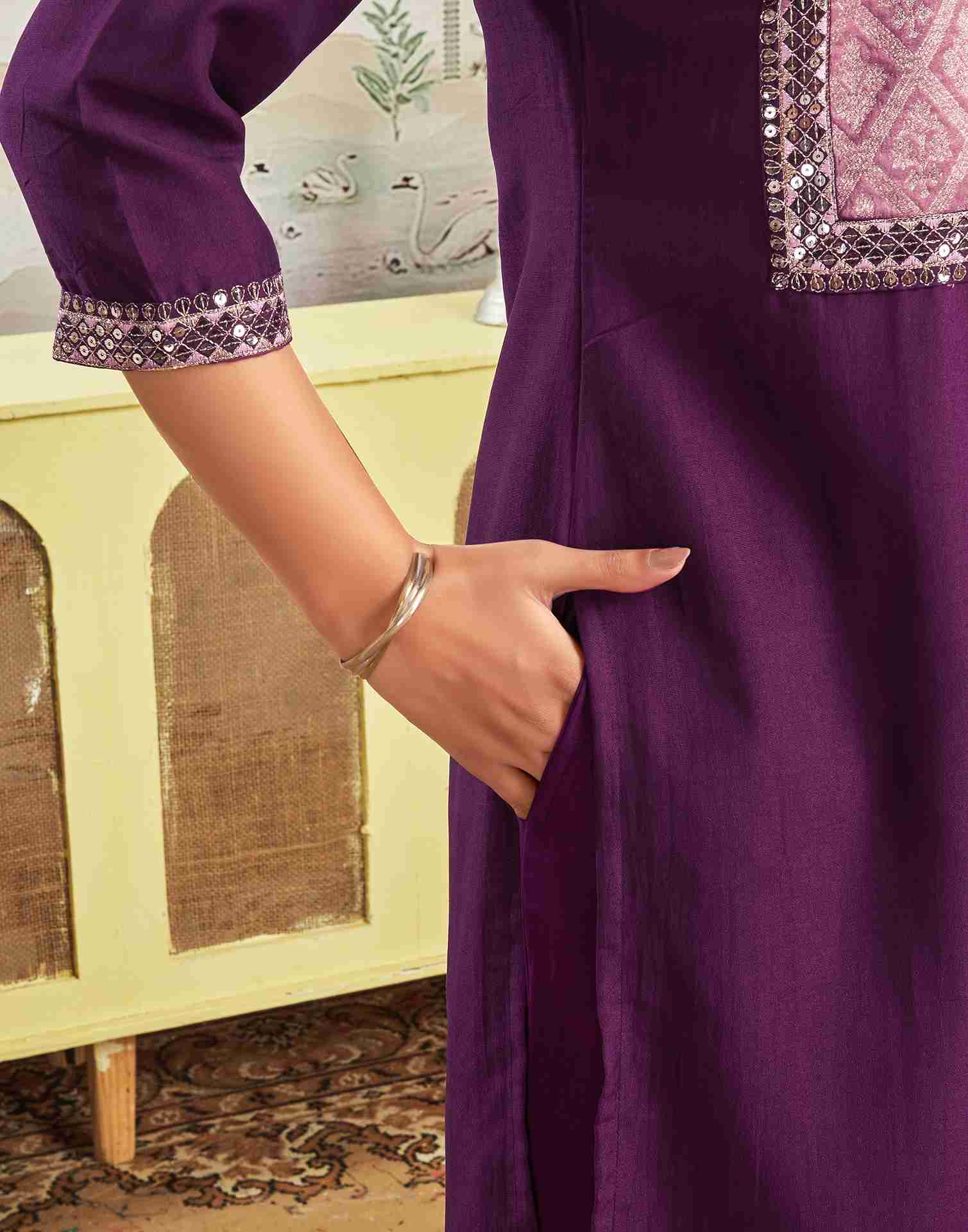 Deep Purple Chinnon Embroidery Straight Kurta Set With Dupatta