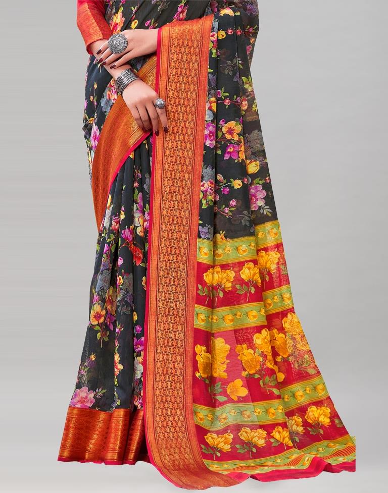 Black Cotton Printed Saree | Sudathi