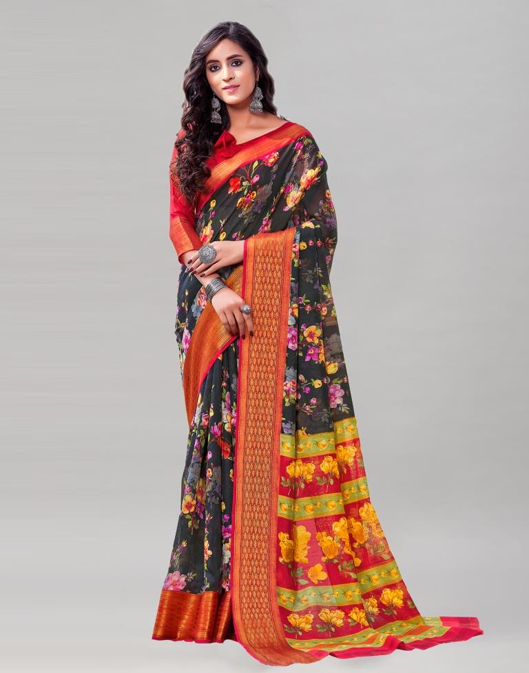 Black Cotton Printed Saree | Sudathi