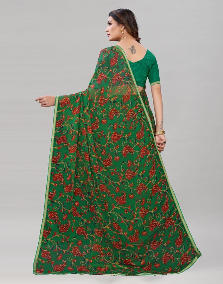 Green Printed Chiffon Saree | Sudathi