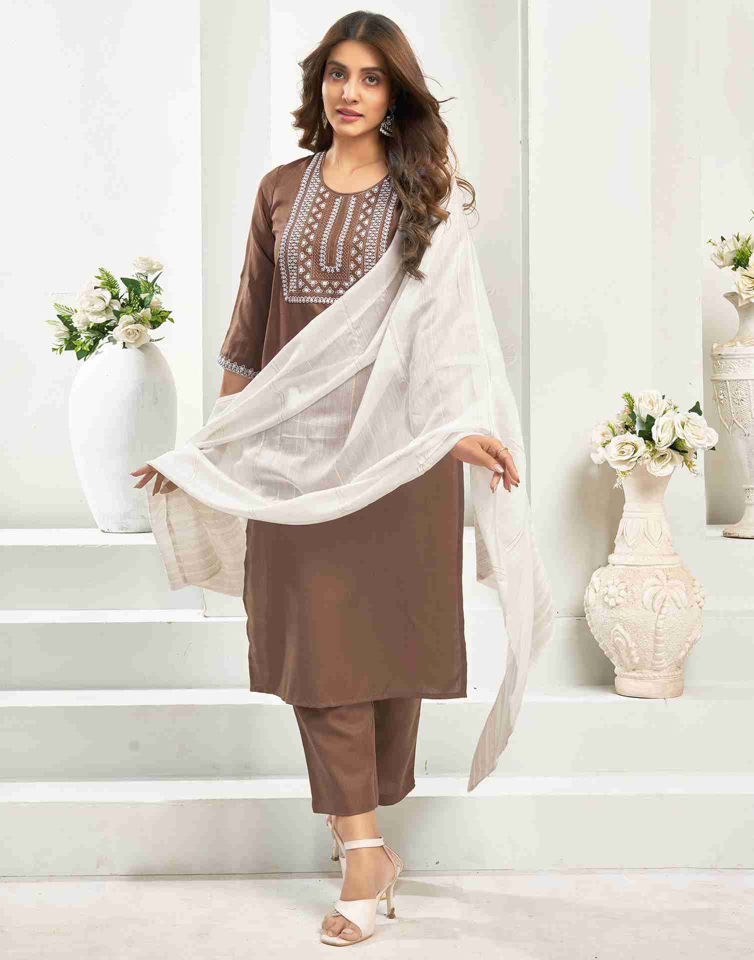 Brown Cotton Embroidery Straight Kurta Set With Dupatta