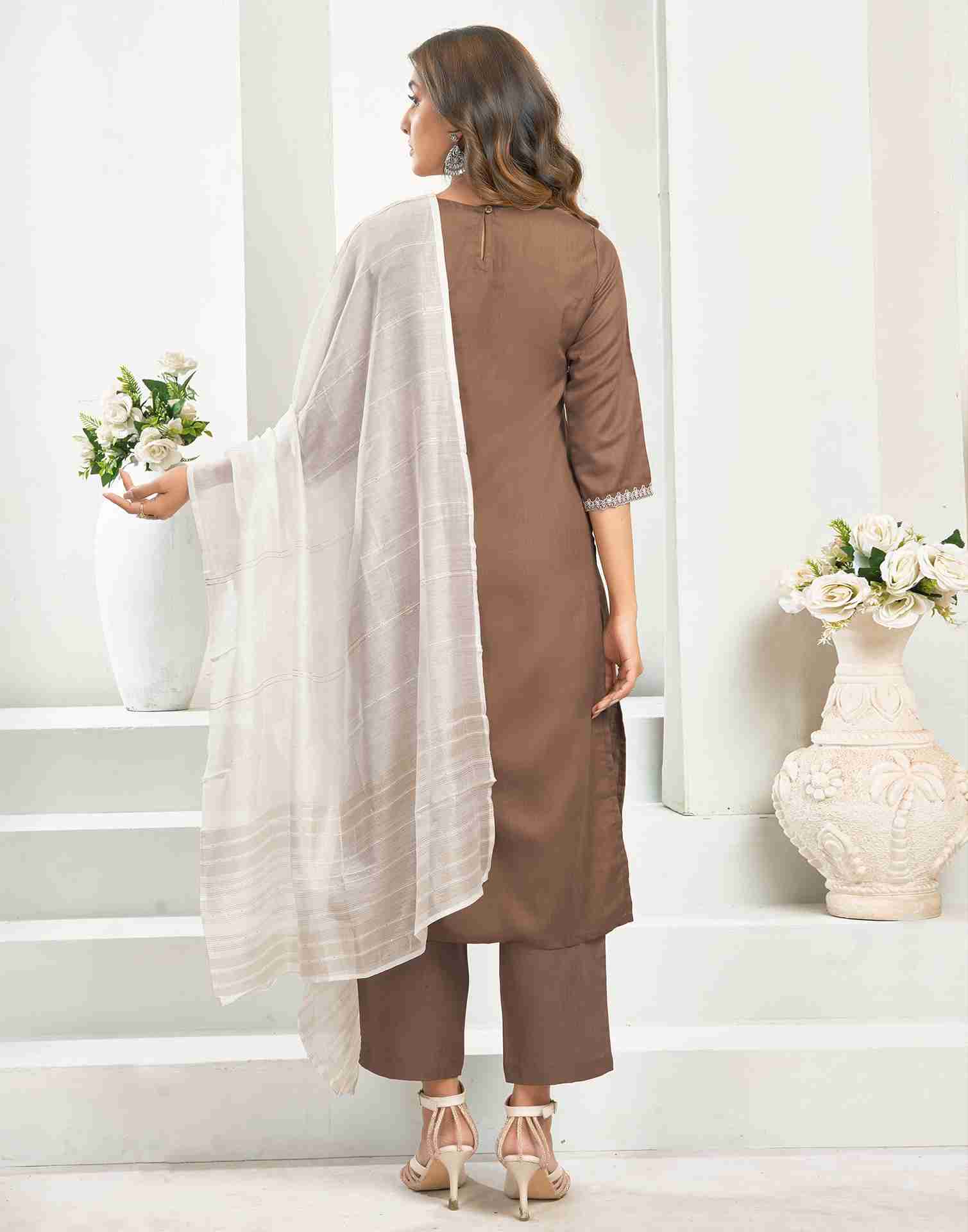 Brown Cotton Embroidery Straight Kurta Set With Dupatta