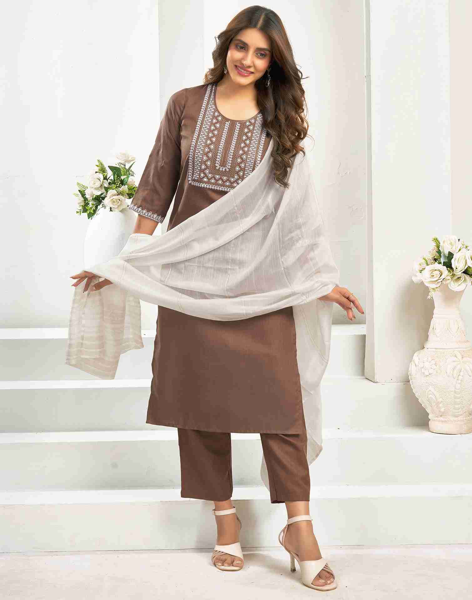 Brown Cotton Embroidery Straight Kurta Set With Dupatta