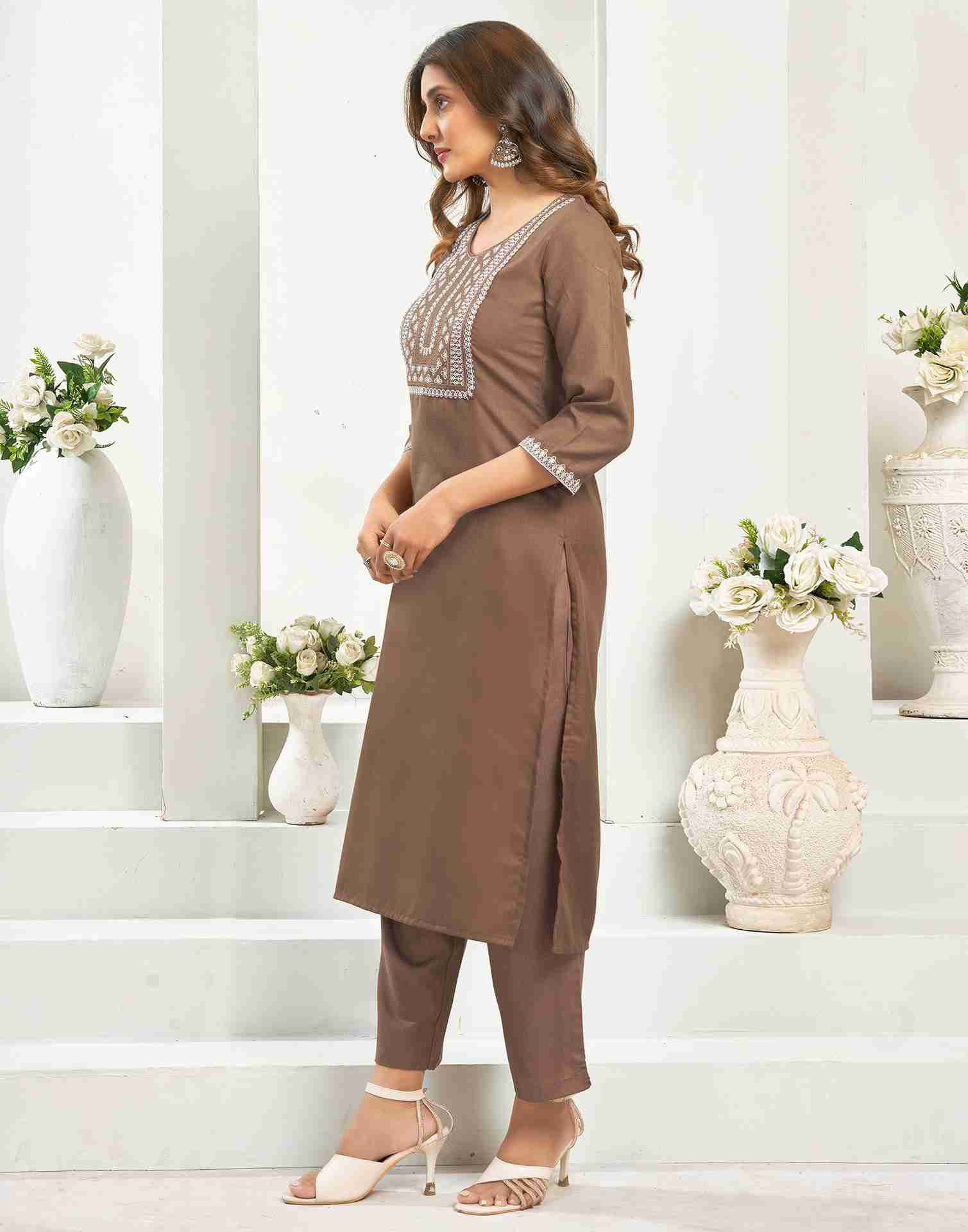 Brown Cotton Embroidery Straight Kurta Set With Dupatta